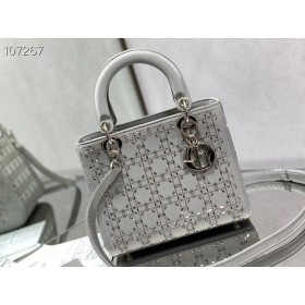 Dior Lady Dior Bag 24CM di Cristallo Impreziosito Cannage Argento Satinato