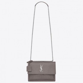 Saint Laurent Tramonto Medio Di Borsa Grigio Coccodrillo Goffrato Pelle