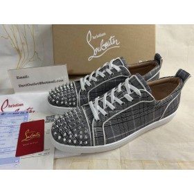 Christian Louboutin Louis Junior Spikes Orlato Flat Sneakers Monochrome Tela Grigio