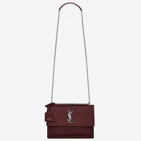 Saint Laurent Tramonto Medio Di Borsa Bordeaux Coccodrillo Goffrato Pelle