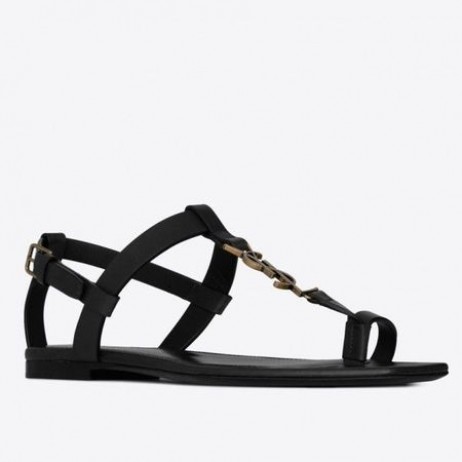 サンローランCassandraのフラットなサンダル黒Calfskinサンローランの靴