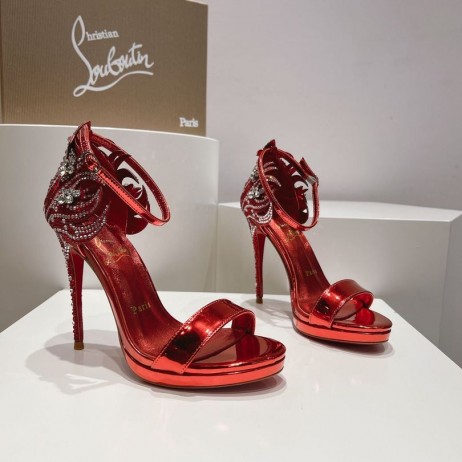 Christian Louboutin Loubi Vega Sandaler 120mm Krystaller Patent Skinn Rød