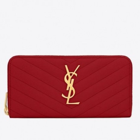 Saint Laurent Monogram Zip Rundt Lommebok-Rød Kornet Skinn