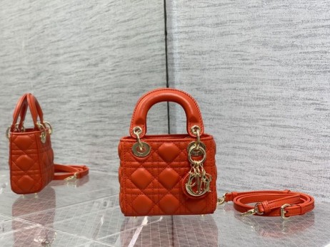 Dior 12CM Lady Dior Veske Orange Cannage Lammeskinn