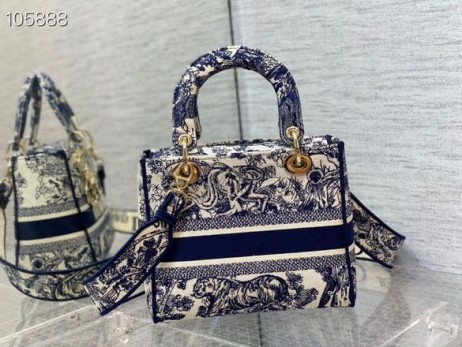 Dior Lady D Lite Bag Blå Beige Jouy-Broderi