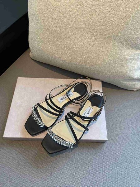 Jimmy Choo Meira Black Leather Sandals Crystal Embellishment