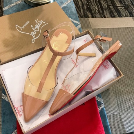 Christian Louboutin Nosy T-Strap Flat Sandals Patent Leather and PVC Nude
