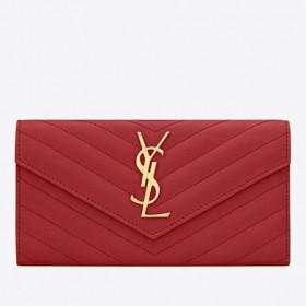 Saint Laurent Stort Monogram Klaff Lommebok-Rød Kornet Skinn