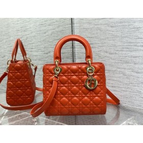 Dior 24CM Lady Dior Veske Orange Cannage Lammeskinn