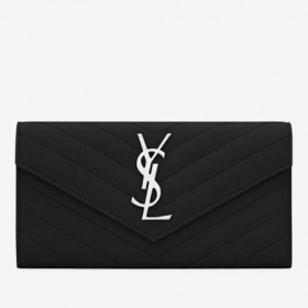 Saint Laurent Stort Monogram Klaff Lommebok Noir Kornet Skinn