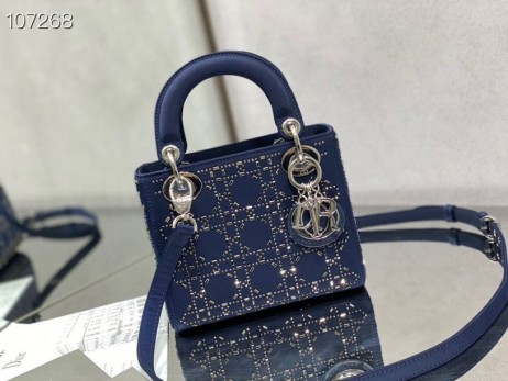 Torba Dior Lady Dior 17CM, Ozdobiona Kryształami, Каннаж Z Atłasu Niebieskiego Koloru