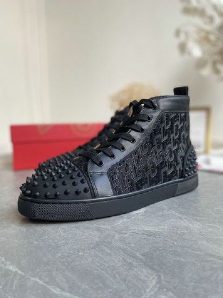 Buty Christian Louboutin Lou Spikes 2 Z Wysokim Piszczelą Z Cielęcej Skóry Z Monogramem-Żakardowe Czarny