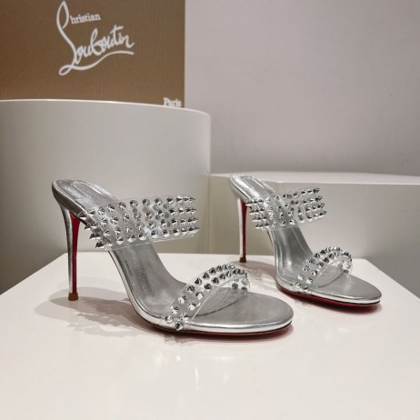 Sandały Christian Louboutin z PVC i skóra z kolcami 105 mm, srebrne buty Christian Louboutin