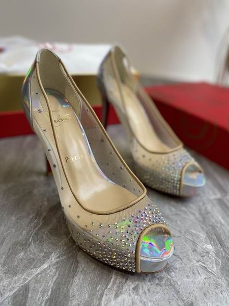 Czółenka Christian Louboutin peep toe z dżetów 120 mm z siatki i skóry w kolorze Srebrnym