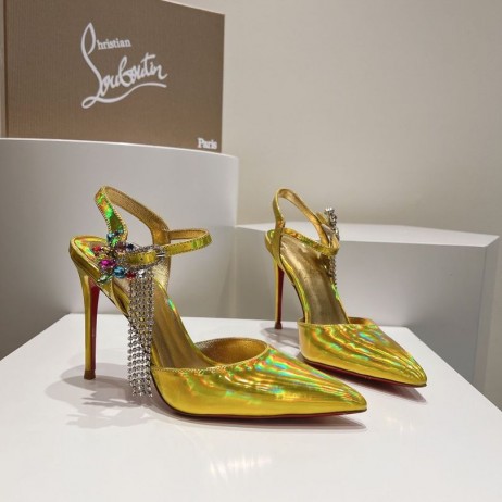 Christian Louboutin Goldina Rain 100 ммТуфли-Łódeczki, Ozdobione Kryształami Z Lakierowanego Złota