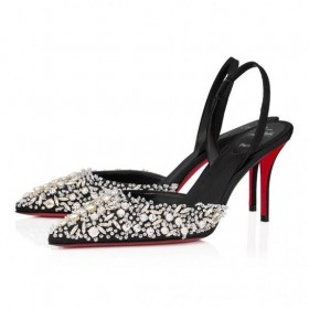 Christian Louboutin Queenissima czółenka z paskiem na plecach 80 mm z Муаровой tkaniny, Czarne Buty Christian Louboutin