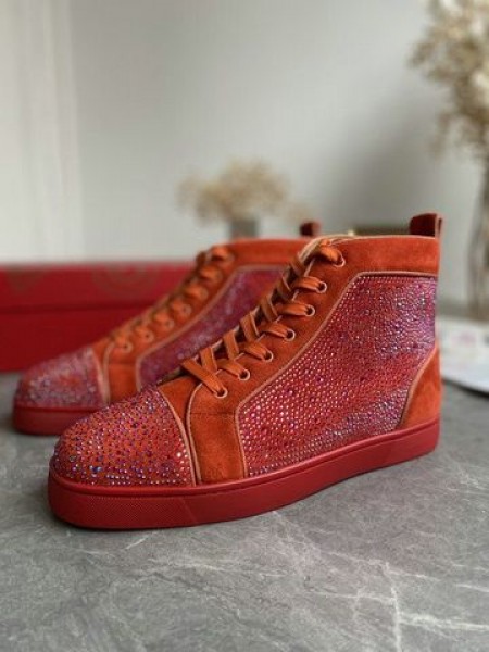 Christian Louboutin Louis Strass-High Top Adidași Veau Velous și Strass Portocaliu
