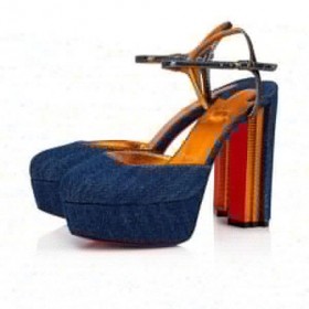 Christian Louboutin Platforme Coluna Pompa de 130 mm Denim/lin Saba Aur de Ț