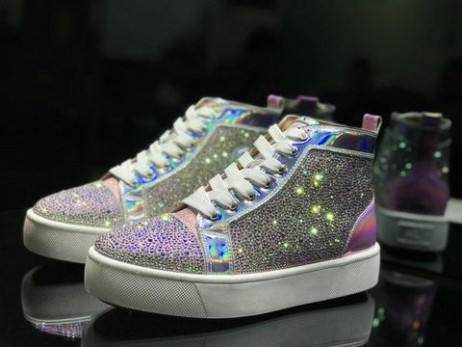 Christian Louboutin Louis Ploché High-Top Mužov Tenisky Kryštály Ozdobené Dúhové Kože, Ružový
