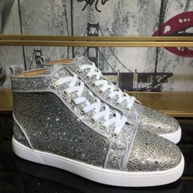Christian Louboutin Louis Kamienkami High-Top Tenisky Semiš a Lesk Kože Striebro
