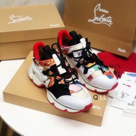 Christian Louboutin Červená Runner Ploché Kožené Tenisky A Neoprén Vzor Multi
