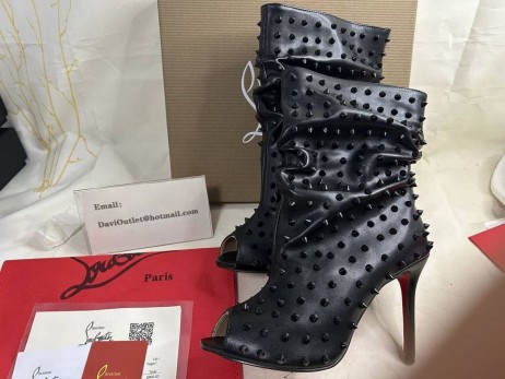 Christian Louboutin 게릴라 스파이크 오픈 발가락 발목 부츠 100mm 송아지를 가죽 검정