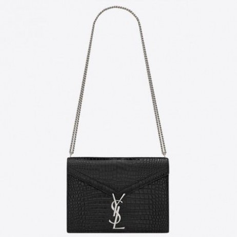 Saint Laurent 카산드라클 부 블랙 악어 가죽