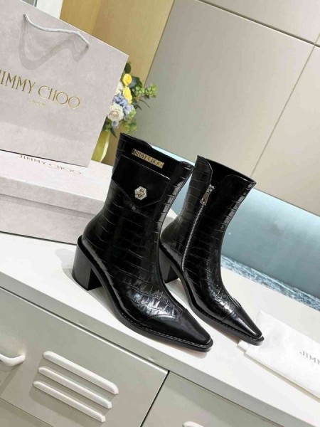 Jimmy Choo50mm 발목 옷 악어가 돋을새김된 로고를 가죽 검정