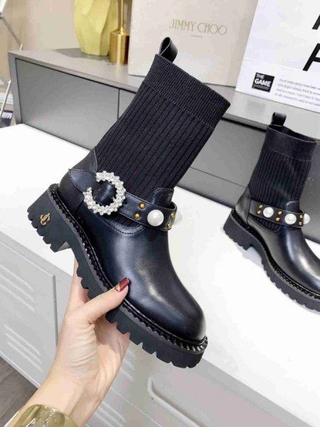 Jimmy Choo 스트레칭 양말 부츠 결정 진주 블랙