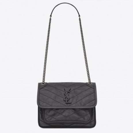 Saint Laurent 아 니키 체인 가방 폭풍 회색 가죽 Crinkled
