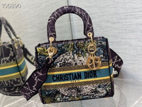 Torba Dior, D-Lite 24 cm sa višebojnom vezom Toile de Jouy