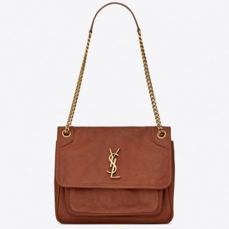 Torba-lanac Saint Laurent Medium Niki na lancu od smeđe kože жатой