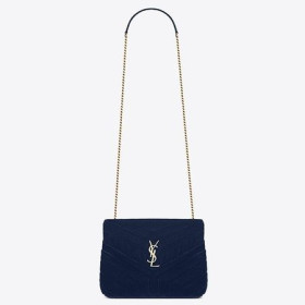 Mala torba-lanac od Plavog baršuna Saint Laurent Loulou na lancu