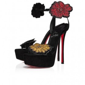 Christian Louboutin Dijamanata na ZakopÄane S Cvjetnim uzorkom Loubi Queen Alta 150 mm Sandale Na platformu Od Velur Sa Å¡trasom Crne Boje