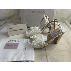 Jimmy Choo Sacaria Platform 120mm White Satin with All-Over Pearl Embellishment