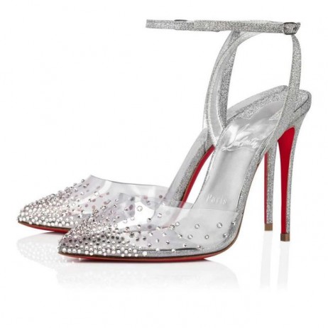 Christian Louboutin Spikaqueen 100 Mm Pumpar PVC Kalv Läder Och Strass Silver