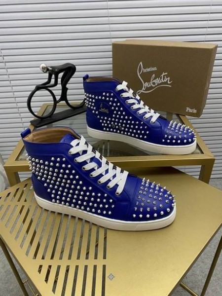 Christian Louboutin Louis Spikar Platt High-top Sneakers Blått Kalvskinn