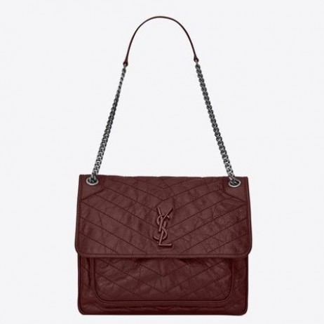 Saint Laurent Stora Niki Kedja Väska Bordeaux Plisserade Läder Saint Laurent Väskor