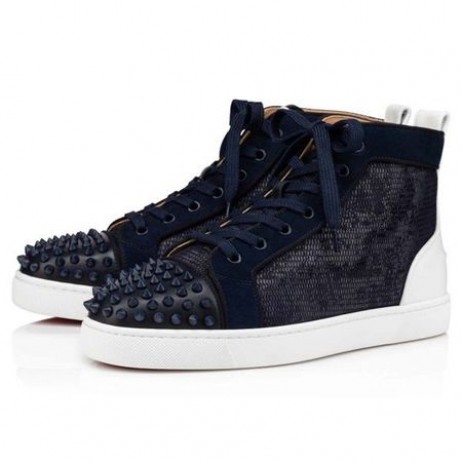 Christian Louboutin Lou Spikar Orlato Platt Vers Blu Argento/marina Mat Kalv