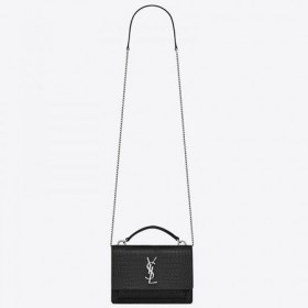 Saint Laurent WOC Sunset Kedja Wallet-Black Croc-Präglat Läder