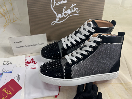 Christian Louboutin Lou Sivri Orlato Yüksek top Spor Ayakkabı Rugan ve Kumaş Siyah Gri