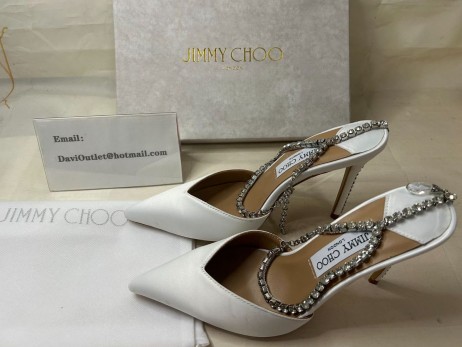 Jimmy Choo Saeda Kristal Süslemeli 100mm Fildişi Saten Pompalar