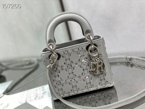 Dior Bayan Dior Çanta 17CM Kristal Süslemeli Cannage Saten Gümüş