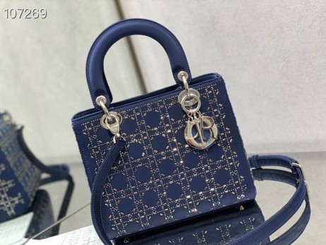 Dior Bayan Dior Çanta 24CM Kristal Süslemeli Cannage Saten Mavi