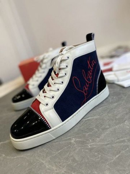 Christian Louboutin Louis Düz Yüksek Top Spor Ayakkabı Rugan Süet Deri Mavi Siyah