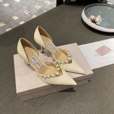 Jimmy Choo Aurelie 85 Pompalar Rugan İnci Süsleme Bej