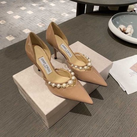 Jimmy Choo Aurelie 85 Pompalar Rugan İnci Süsleme Çıplak