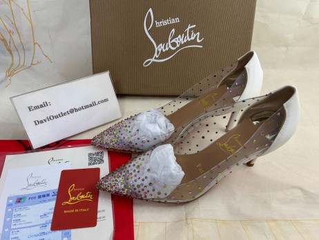 Christian Louboutin Degrastrass PVC Pompalar Kristaller ve Nappa Deri Beyaz