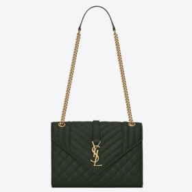 Saint Laurent Orta Zarf Çanta Koyu Yeşil Taneli Deri Saint Laurent Çantalar