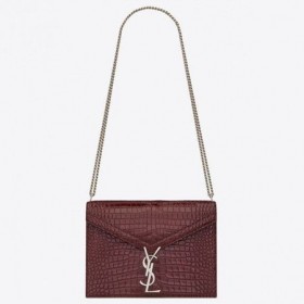 Saint Laurent Cassandra Toka Çanta Bordo Timsah Kabartmalı Deri